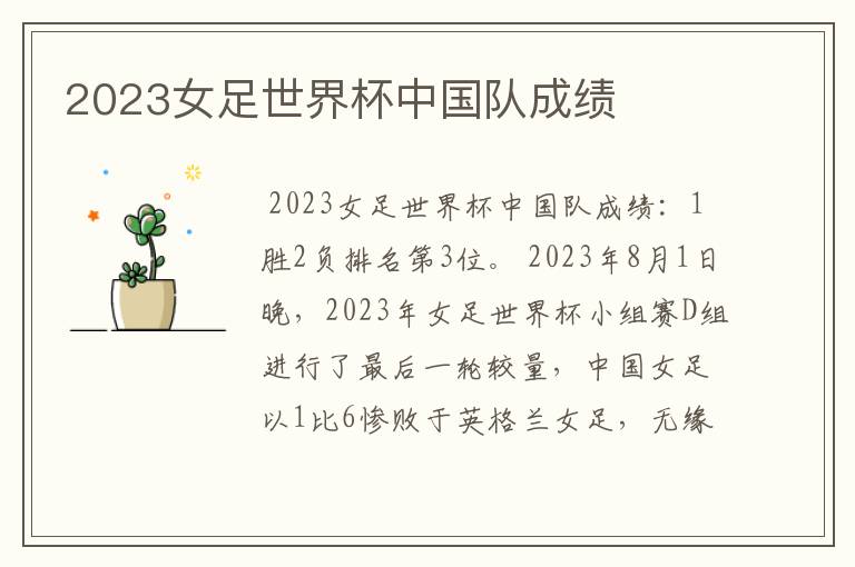 2023女足世界杯中国队成绩