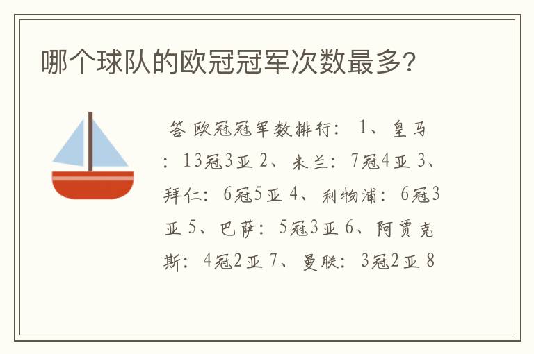 哪个球队的欧冠冠军次数最多?