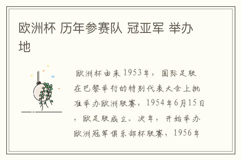 欧洲杯 历年参赛队 冠亚军 举办地