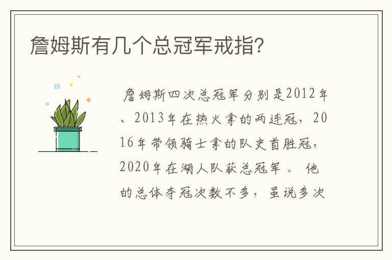 詹姆斯有几个总冠军戒指?
