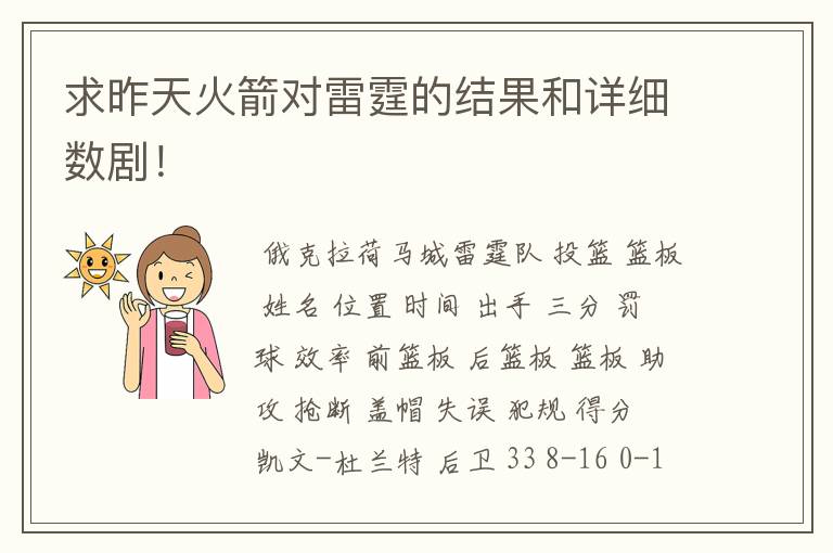 求昨天火箭对雷霆的结果和详细数剧!