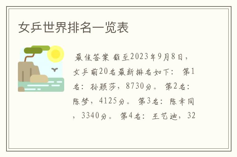 女乒世界排名一览表