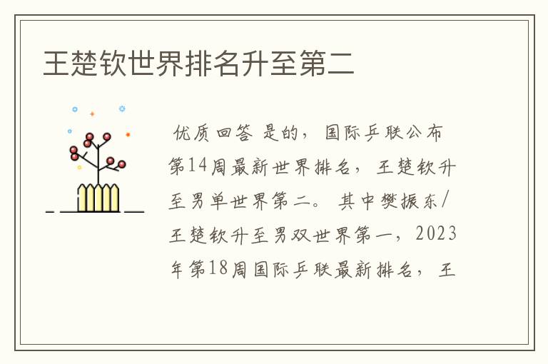 王楚钦世界排名升至第二