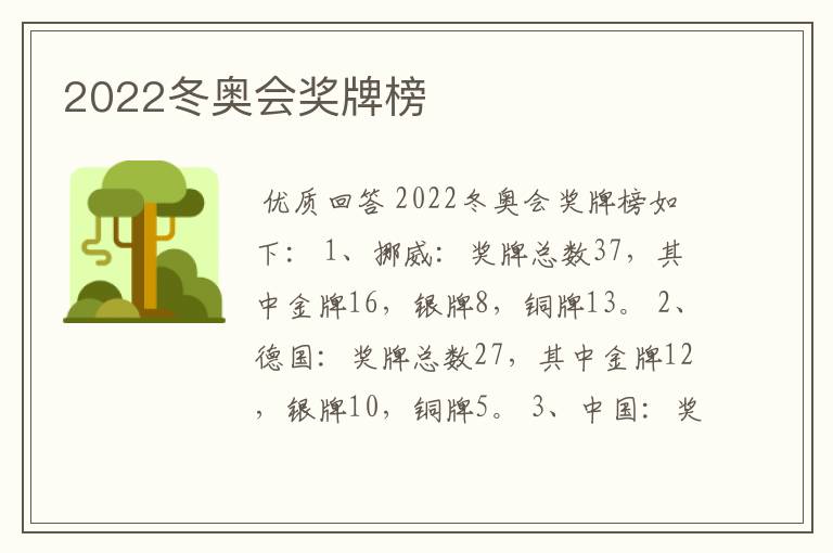 2022冬奥会奖牌榜