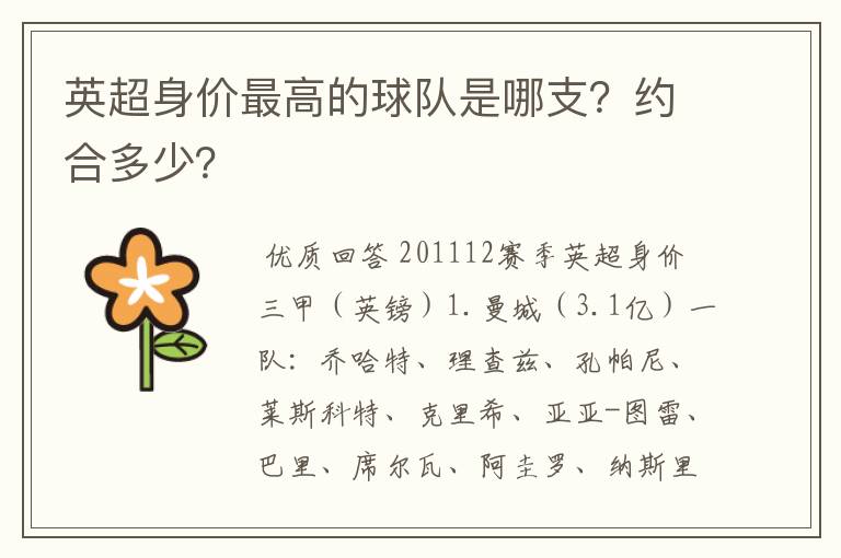 英超身价最高的球队是哪支?约合多少?