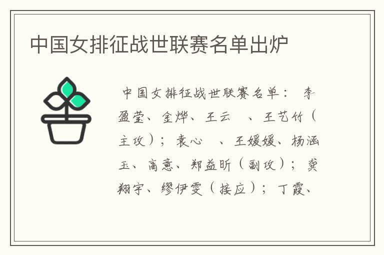 中国女排征战世联赛名单出炉