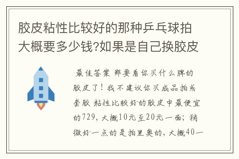 胶皮粘性比较好的那种乒乓球拍大概要多少钱?如果是自己换胶皮,那胶皮贵不?