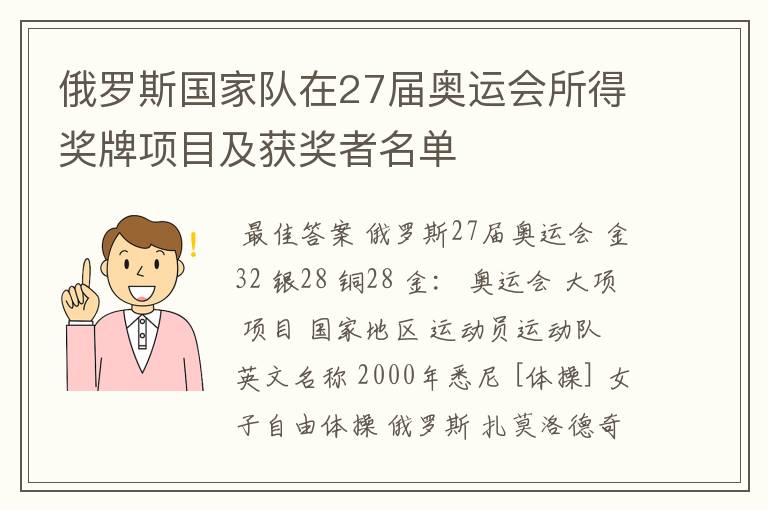 俄罗斯国家队在27届奥运会所得奖牌项目及获奖者名单