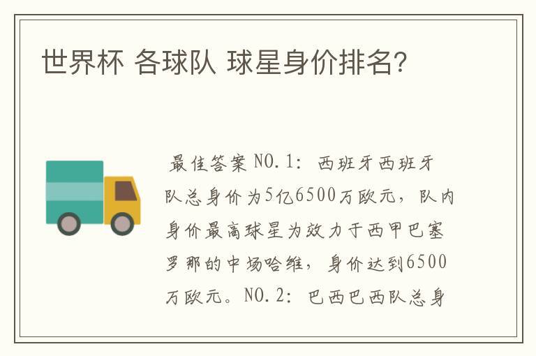 世界杯 各球队 球星身价排名?