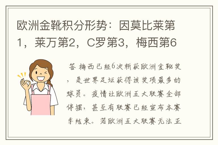 欧洲金靴积分形势:因莫比莱第1,莱万第2,C罗第3,梅西第6