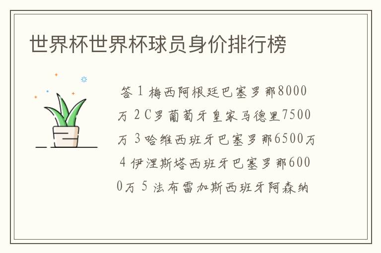 世界杯世界杯球员身价排行榜