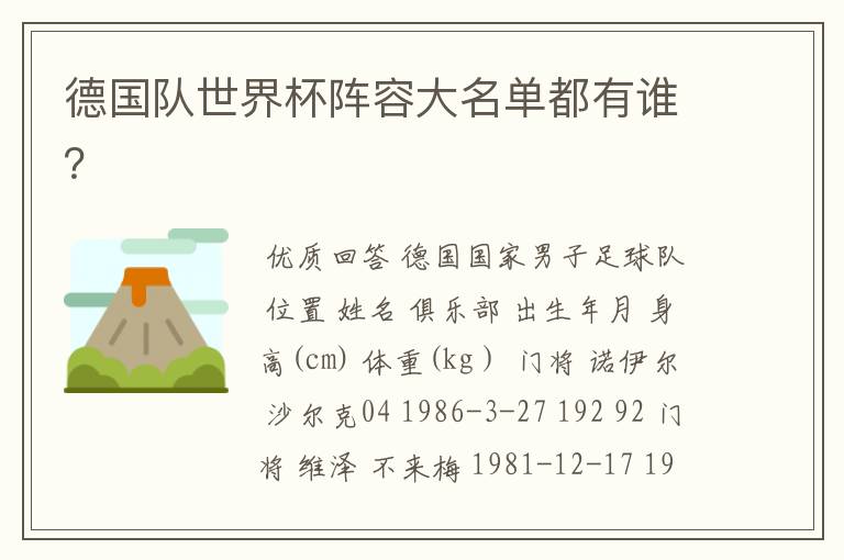 德国队世界杯阵容大名单都有谁?
