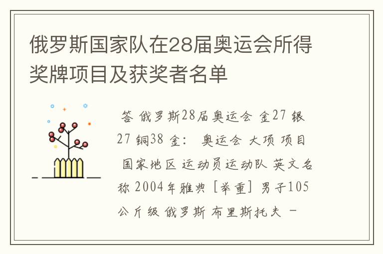 俄罗斯国家队在28届奥运会所得奖牌项目及获奖者名单