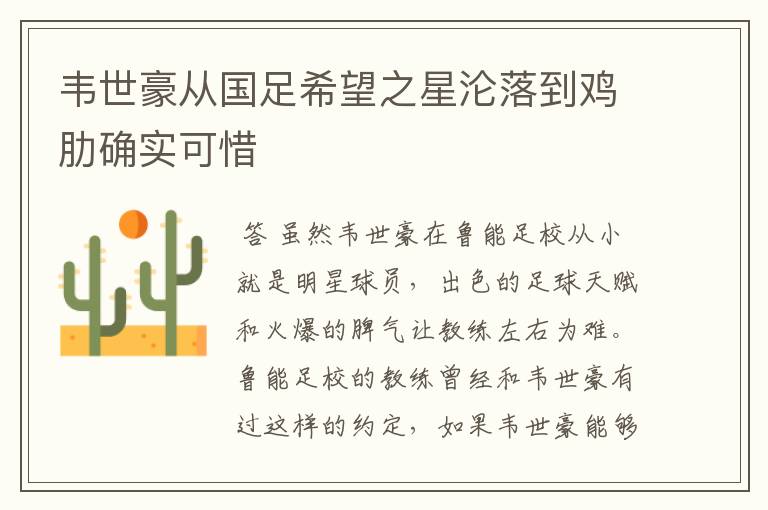 韦世豪从国足希望之星沦落到鸡肋确实可惜