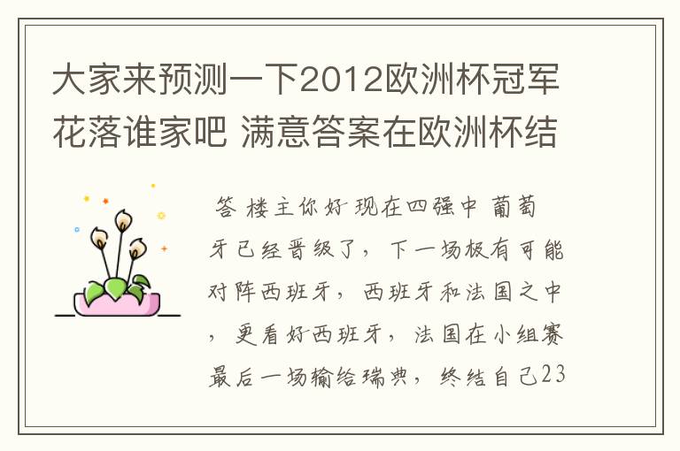 大家来预测一下2012欧洲杯冠军花落谁家吧 满意答案在欧洲杯结束时选出 呵呵
