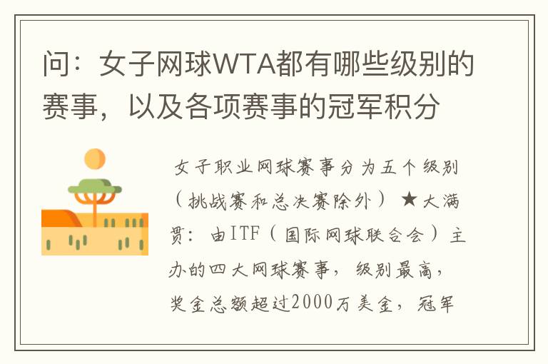 问:女子网球WTA都有哪些级别的赛事,以及各项赛事的冠军积分,求解