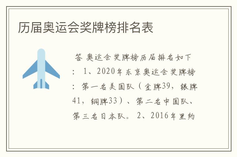 历届奥运会奖牌榜排名表