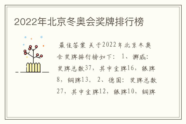 2022年北京冬奥会奖牌排行榜