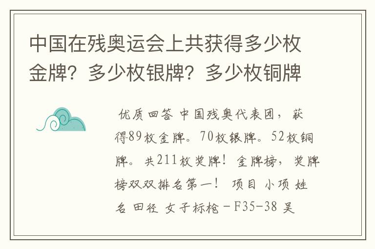 中国在残奥运会上共获得多少枚金牌?多少枚银牌?多少枚铜牌?一共是多少?