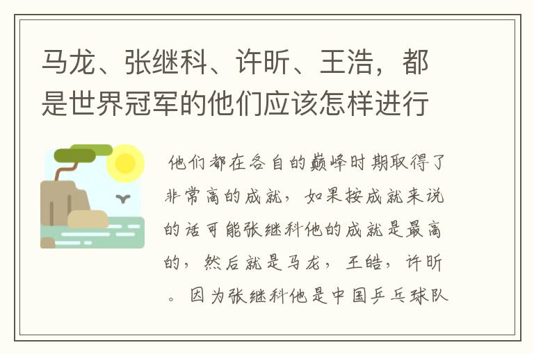 马龙、张继科、许昕、王浩,都是世界冠军的他们应该怎样进行实力上的排序?