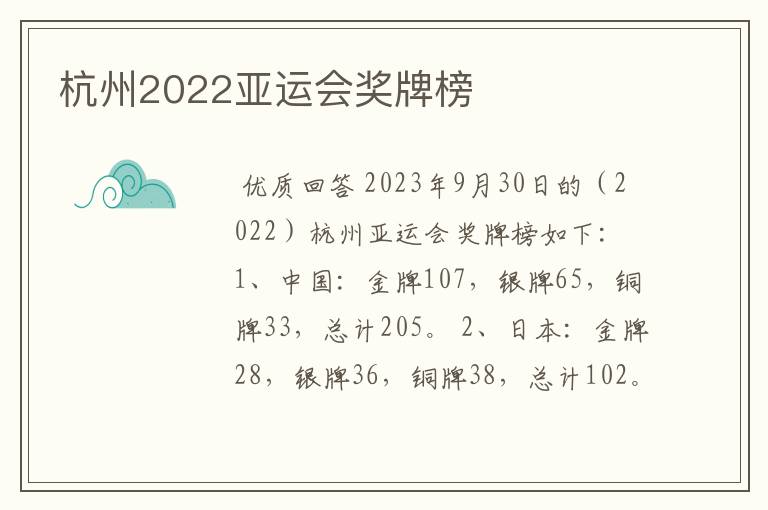 杭州2022亚运会奖牌榜