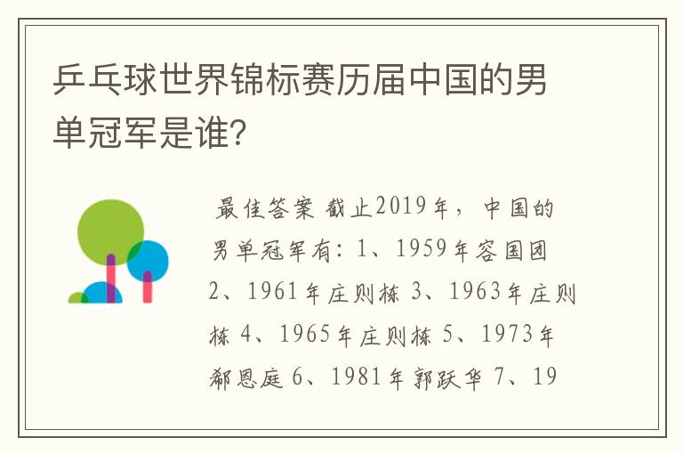 乒乓球世界锦标赛历届中国的男单冠军是谁？