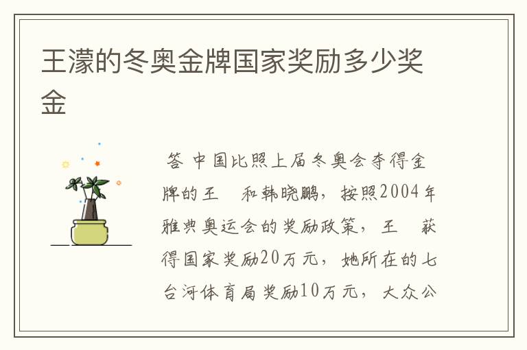 王濛的冬奥金牌国家奖励多少奖金
