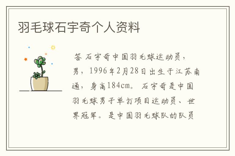 羽毛球石宇奇个人资料