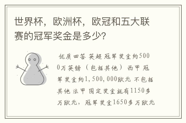 世界杯，欧洲杯，欧冠和五大联赛的冠军奖金是多少？