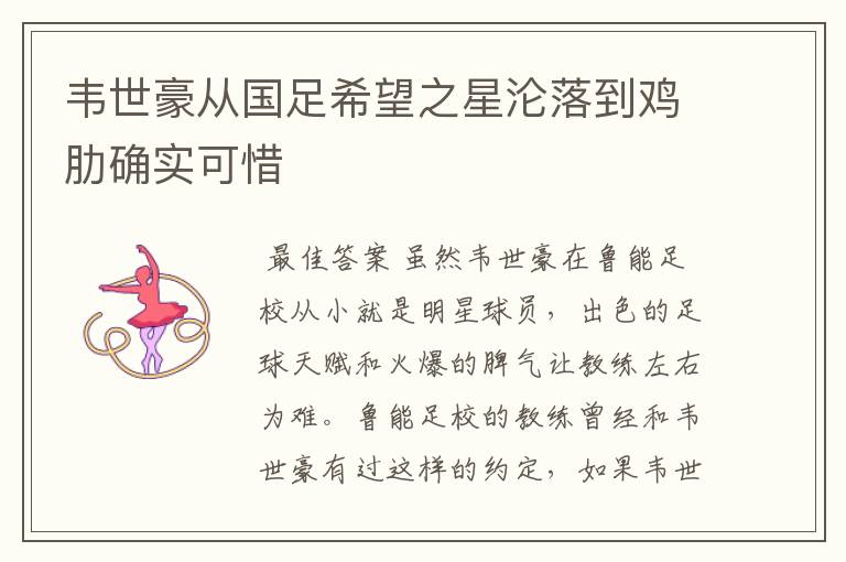 韦世豪从国足希望之星沦落到鸡肋确实可惜