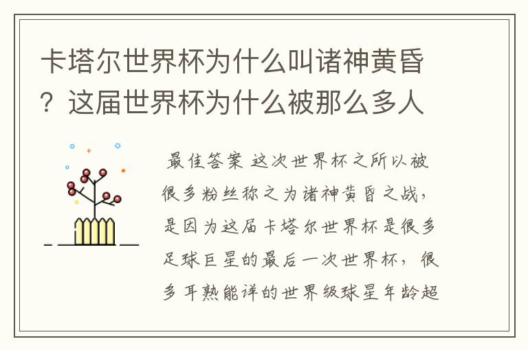卡塔尔世界杯为什么叫诸神黄昏?这届世界杯为什么被那么多人珍视?