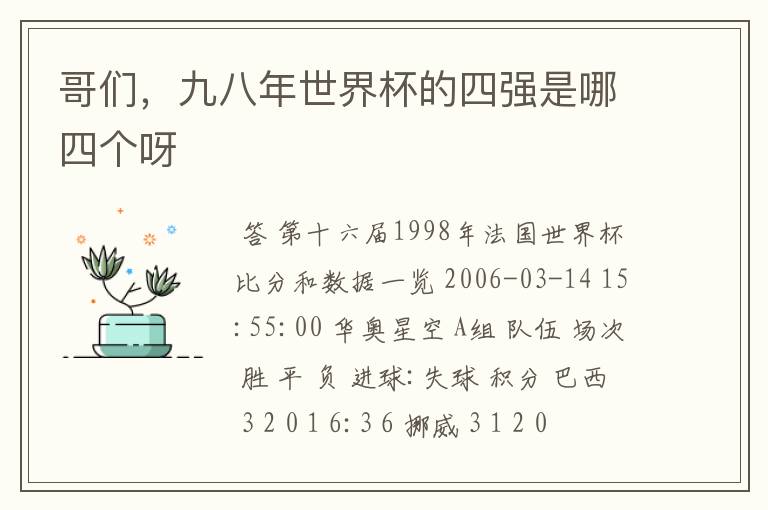 哥们,九八年世界杯的四强是哪四个呀