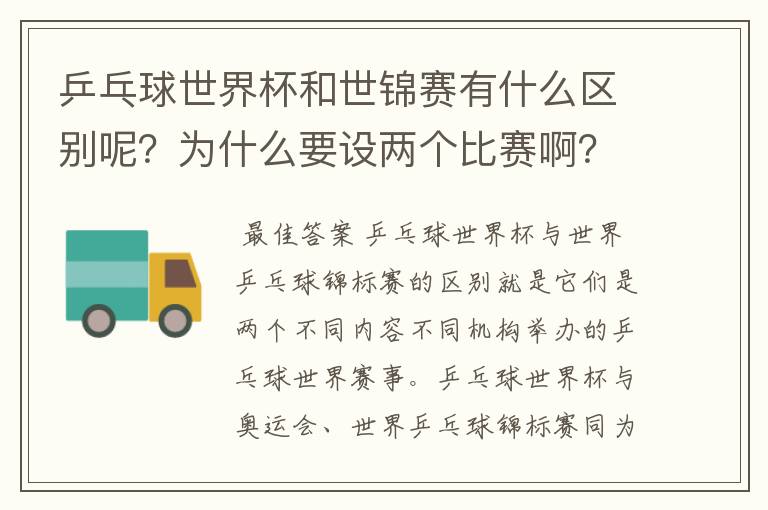 乒乓球世界杯和世锦赛有什么区别呢?为什么要设两个比赛啊?
