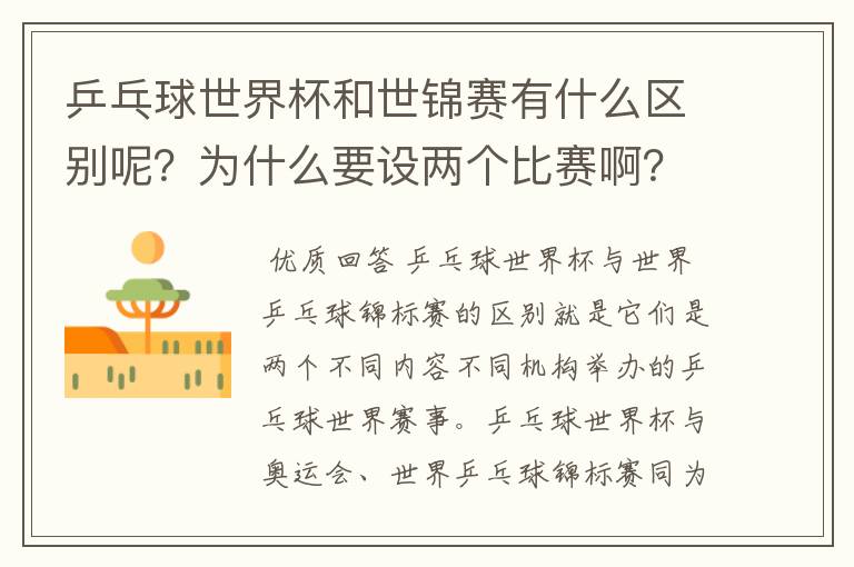 乒乓球世界杯和世锦赛有什么区别呢?为什么要设两个比赛啊?
