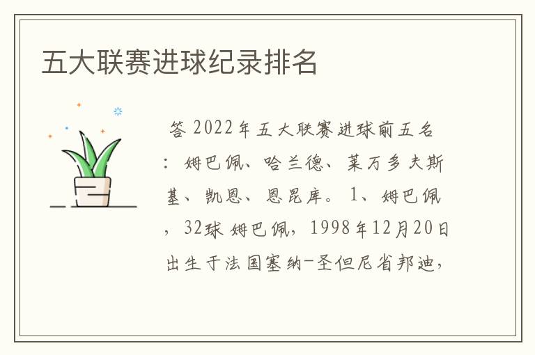五大联赛进球纪录排名