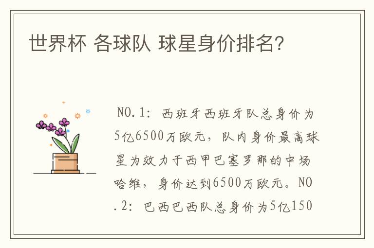 世界杯 各球队 球星身价排名?