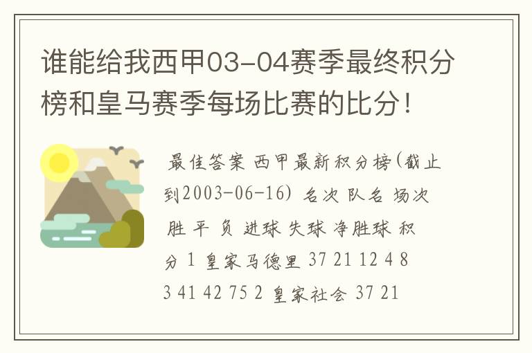 谁能给我西甲03-04赛季最终积分榜和皇马赛季每场比赛的比分!