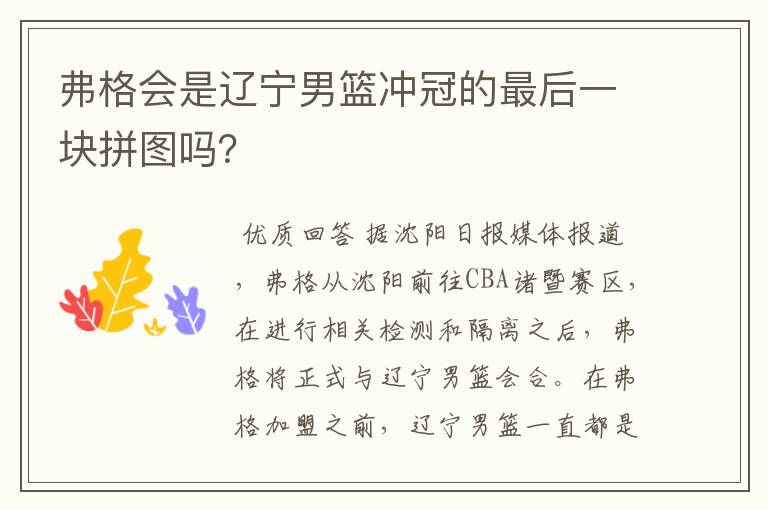 弗格会是辽宁男篮冲冠的最后一块拼图吗?