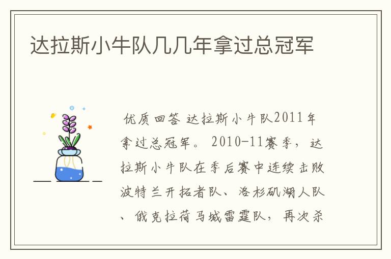 达拉斯小牛队几几年拿过总冠军