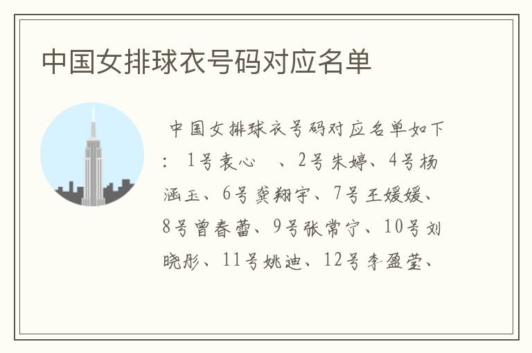 中国女排球衣号码对应名单