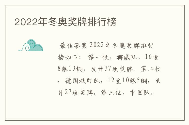 2022年冬奥奖牌排行榜