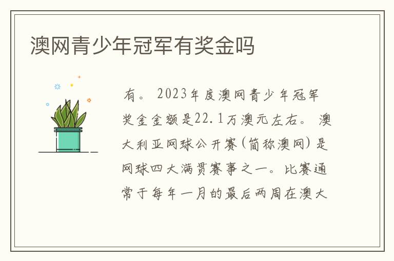 澳网青少年冠军有奖金吗