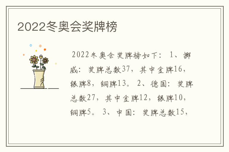2022冬奥会奖牌榜