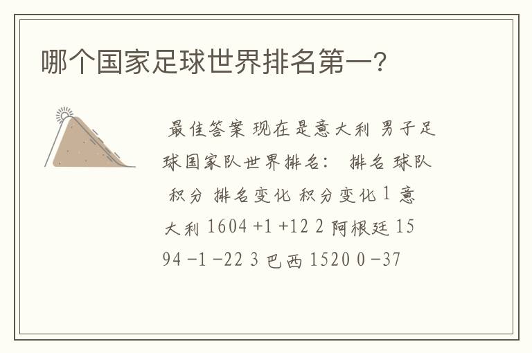哪个国家足球世界排名第一?