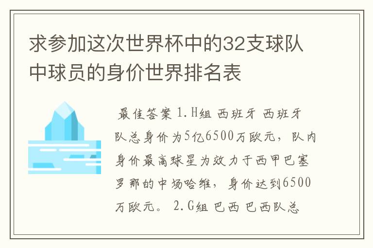 求参加这次世界杯中的32支球队中球员的身价世界排名表