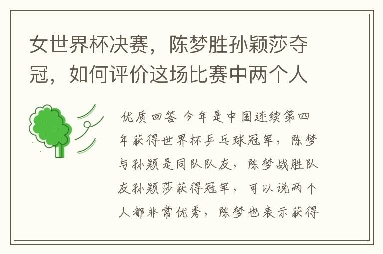 女世界杯决赛,陈梦胜孙颖莎夺冠,如何评价这场比赛中两个人的表现?