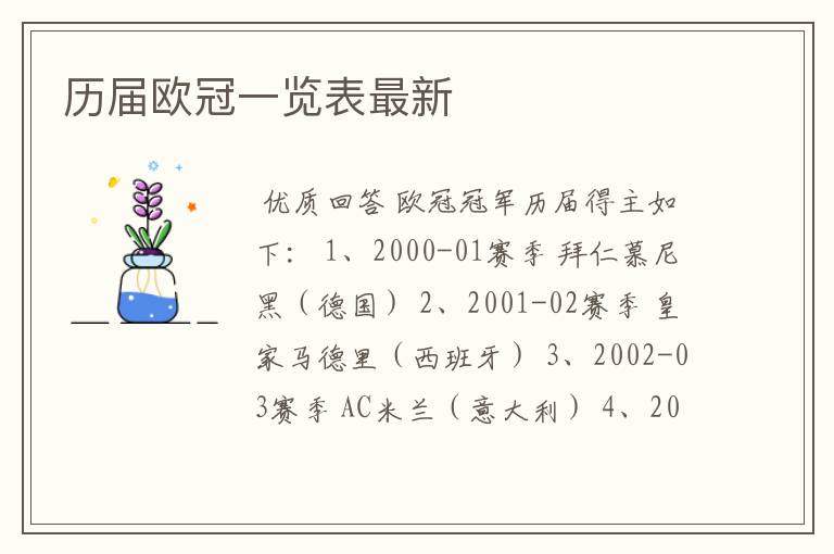 历届欧冠一览表最新