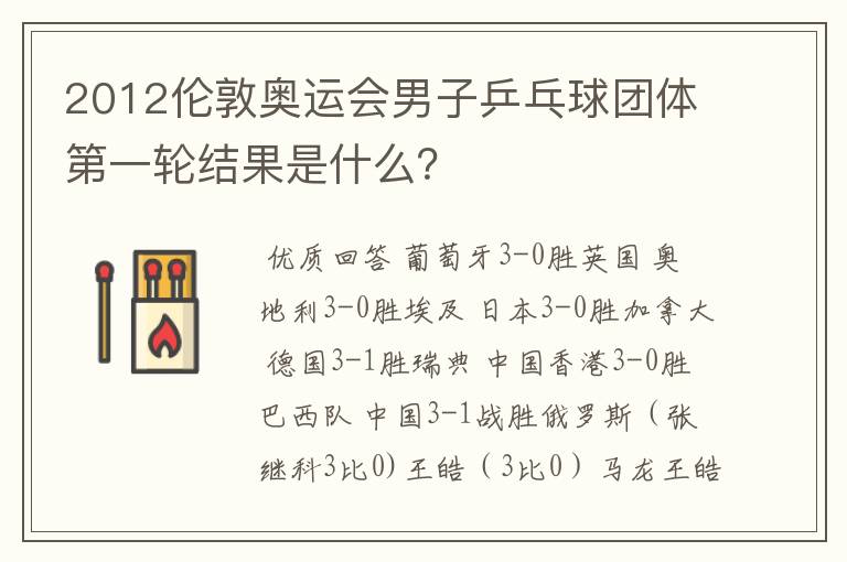 2012伦敦奥运会男子乒乓球团体第一轮结果是什么?