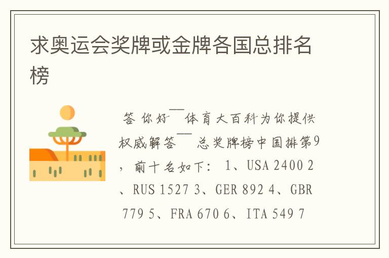 求奥运会奖牌或金牌各国总排名榜