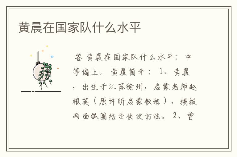 黄晨在国家队什么水平